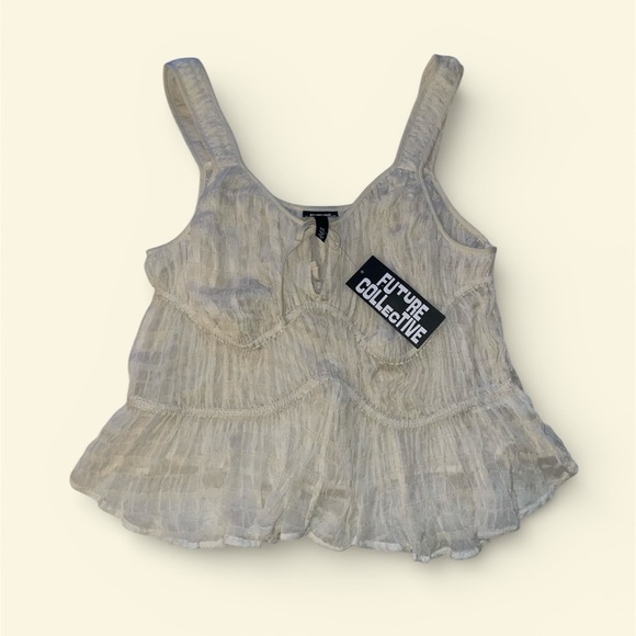 Future Collective Tops - Future Collective Cream Sleeveless Gathered Tank Top with Front Tie Detail